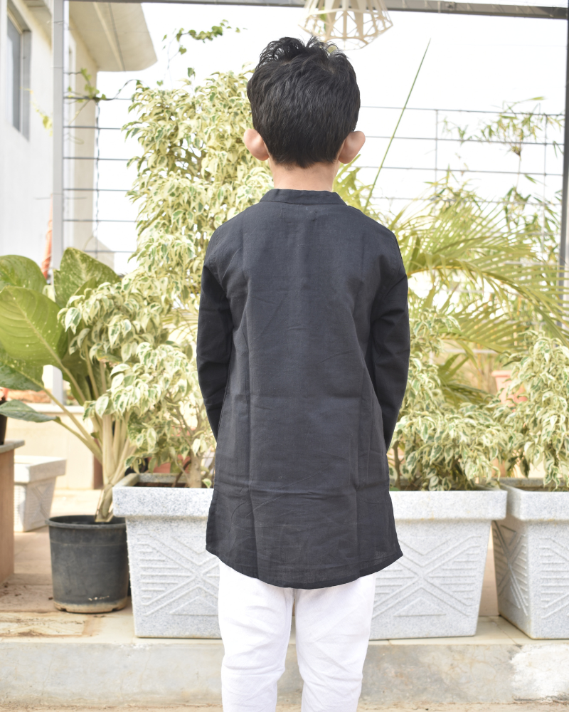 Boys short kurta in black mangalagiri cotton with handwork