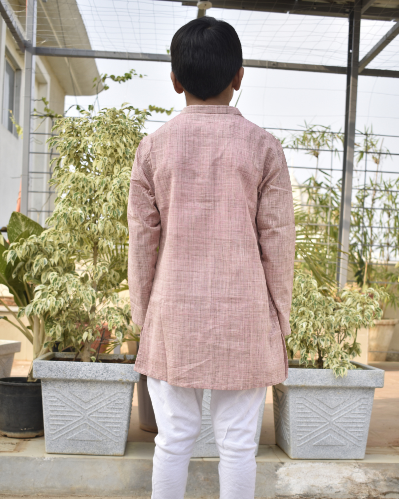 Boys short kurta in light pink mangalagiri cotton with handwork