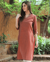Brown Overlapped V Collar Kurta - Front