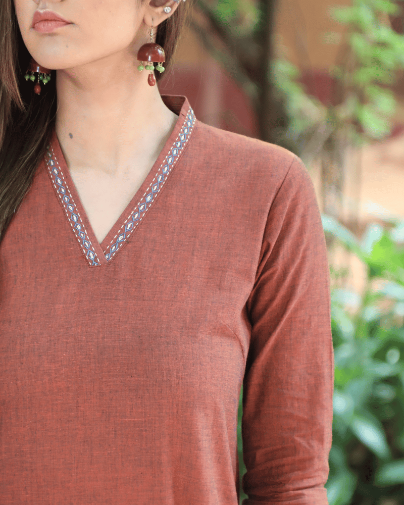 Brown Overlapped V Collar Kurta - Embroidery