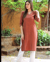 Brown Overlapped V Collar Kurta - sleeves