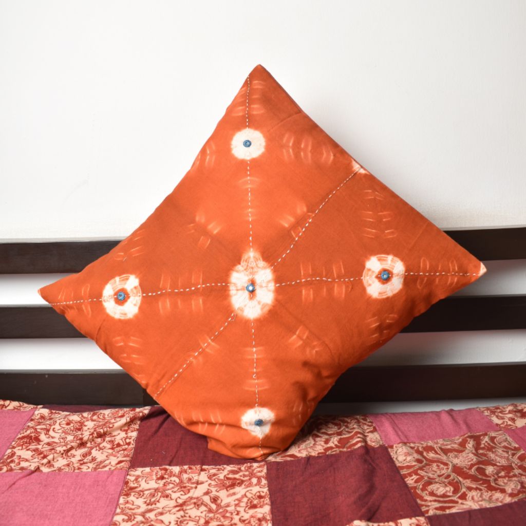 Brown tie dye cushion cover with mirror work