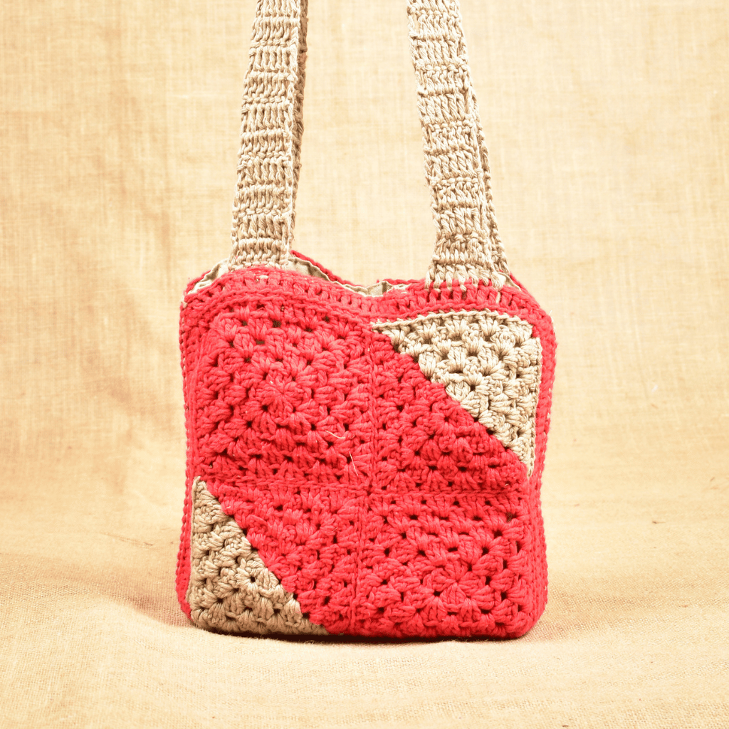 Red and Beige Crochet Sling Bag - front