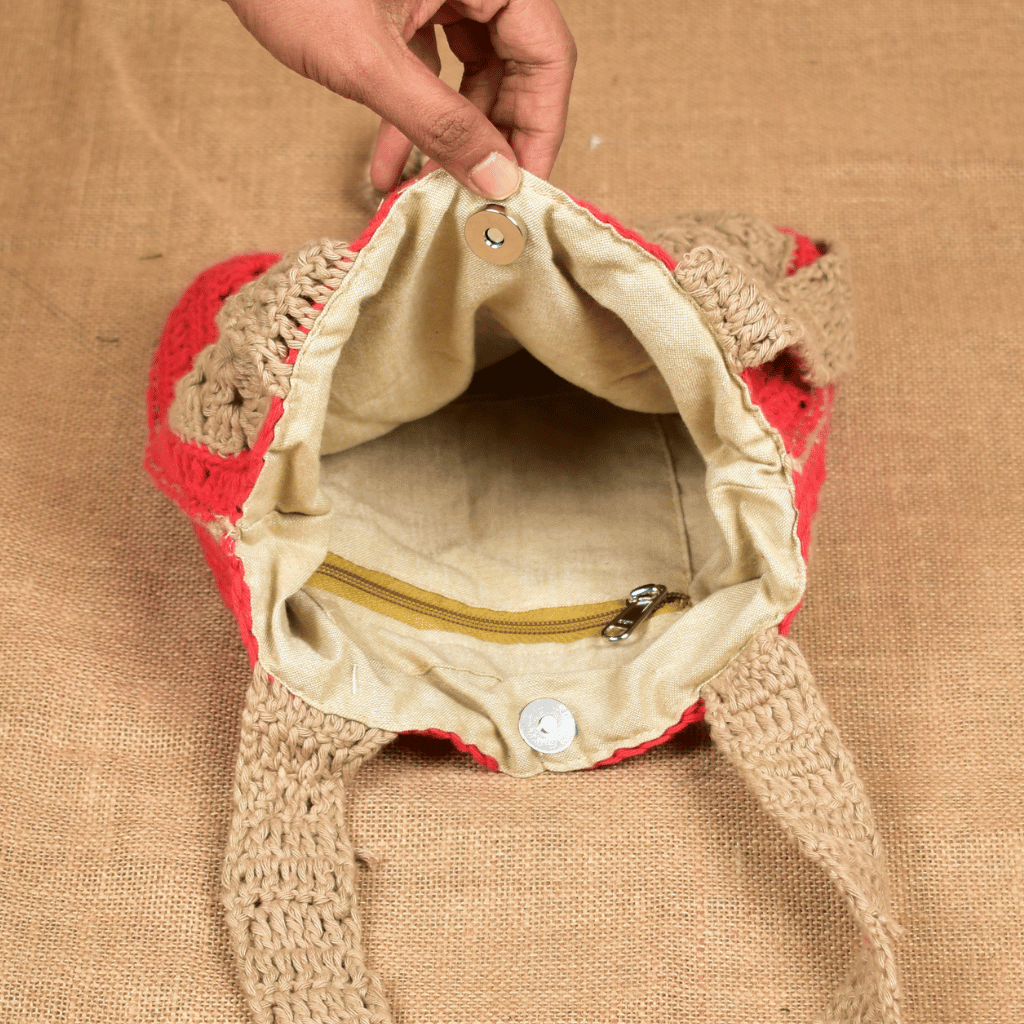 Red and Beige Crochet Sling Bag - inside