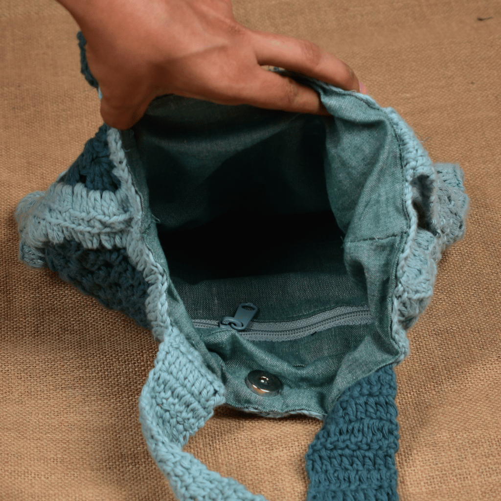 Gray and Cyan  Crochet Sling Bag - inside