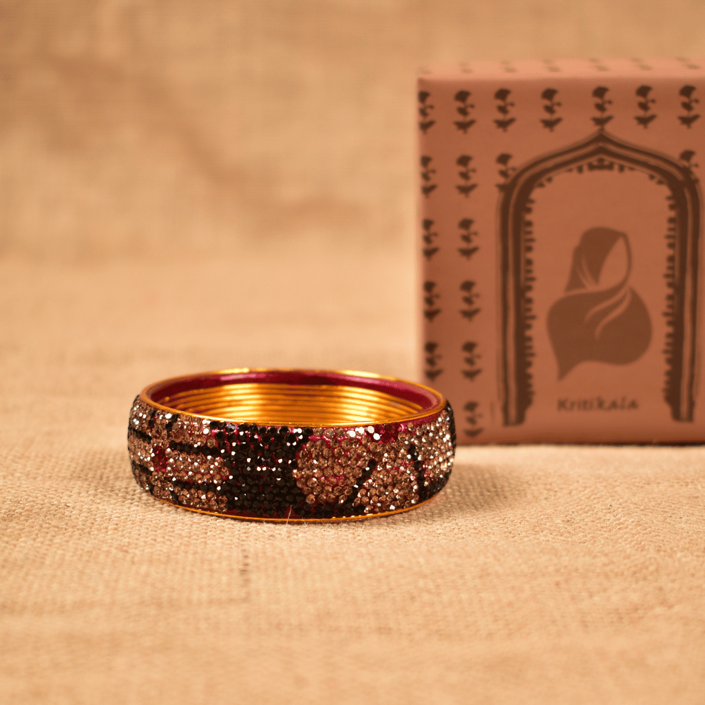 Ethnic Black toned stone studded kada made with lac