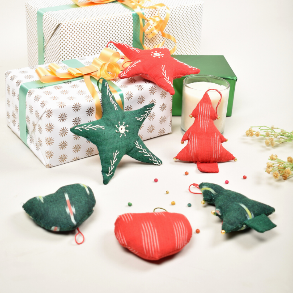 Christmas decorations set - stars, hearts, christmas trees - set of six assorted fabric toys.