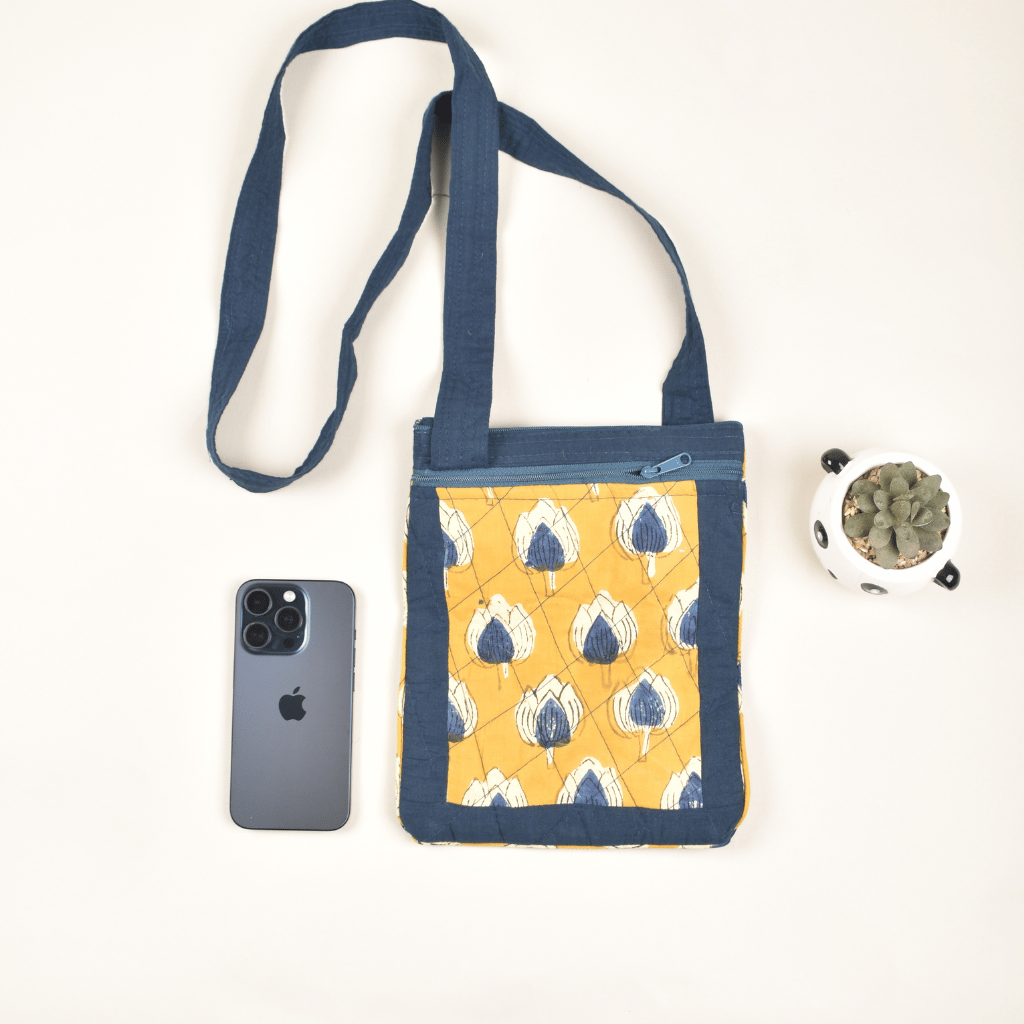 Yellow kalamkari cotton sling bag