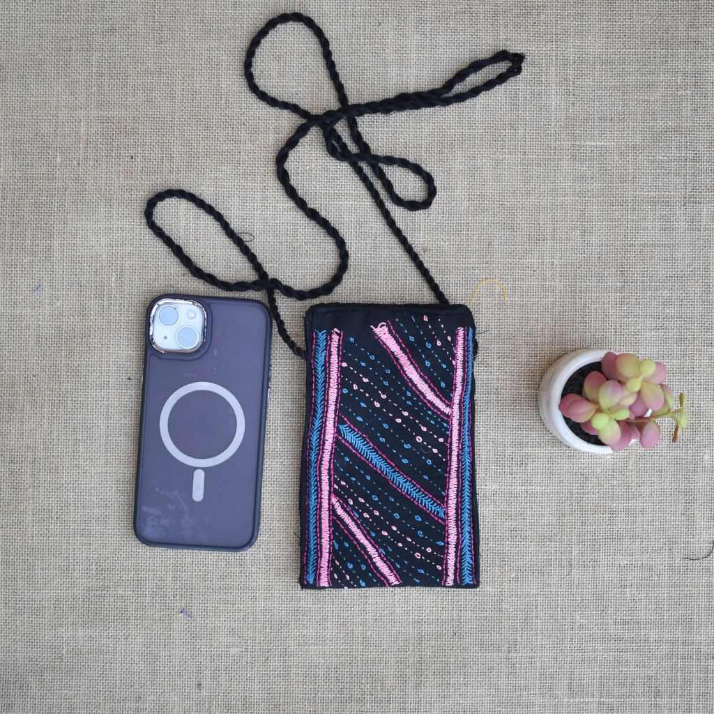 Handcrafted Embroidery black cell phone pouch