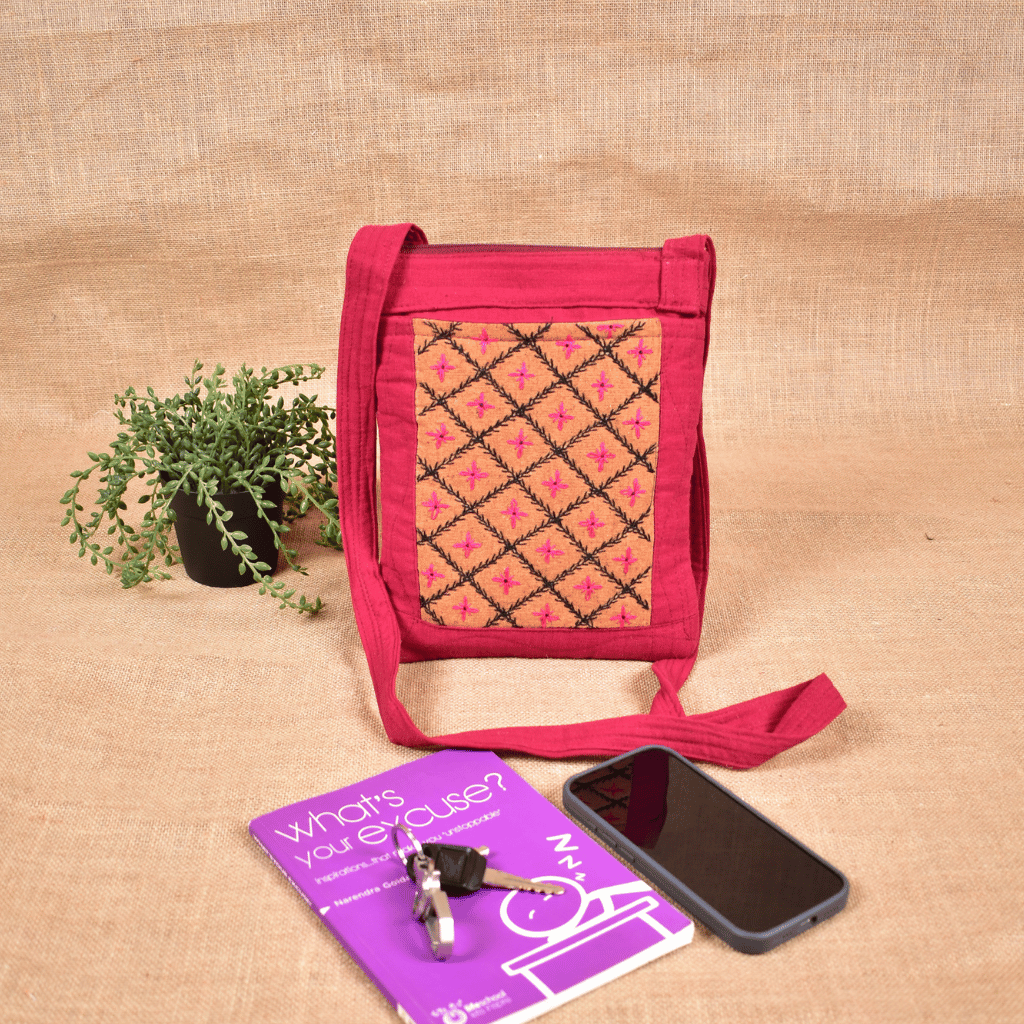 Maroon Embroidery Cotton Sling Bag cum Phone Pouch - Front
