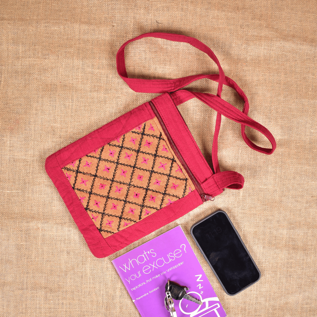 Maroon Embroidery Cotton Sling Bag cum Phone Pouch 