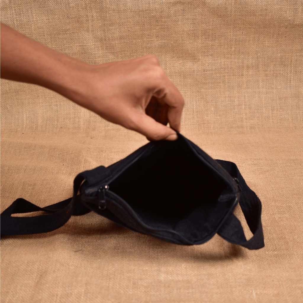 Black Embroidery cotton sling bag cum phone pouch - inside