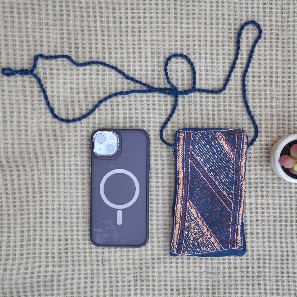 Handcrafted Embroidery blue cell phone pouch
