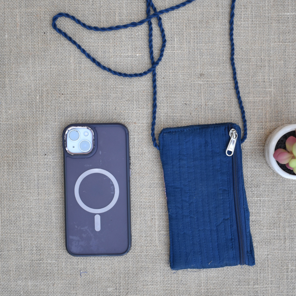 Handcrafted Embroidery blue cell phone pouch