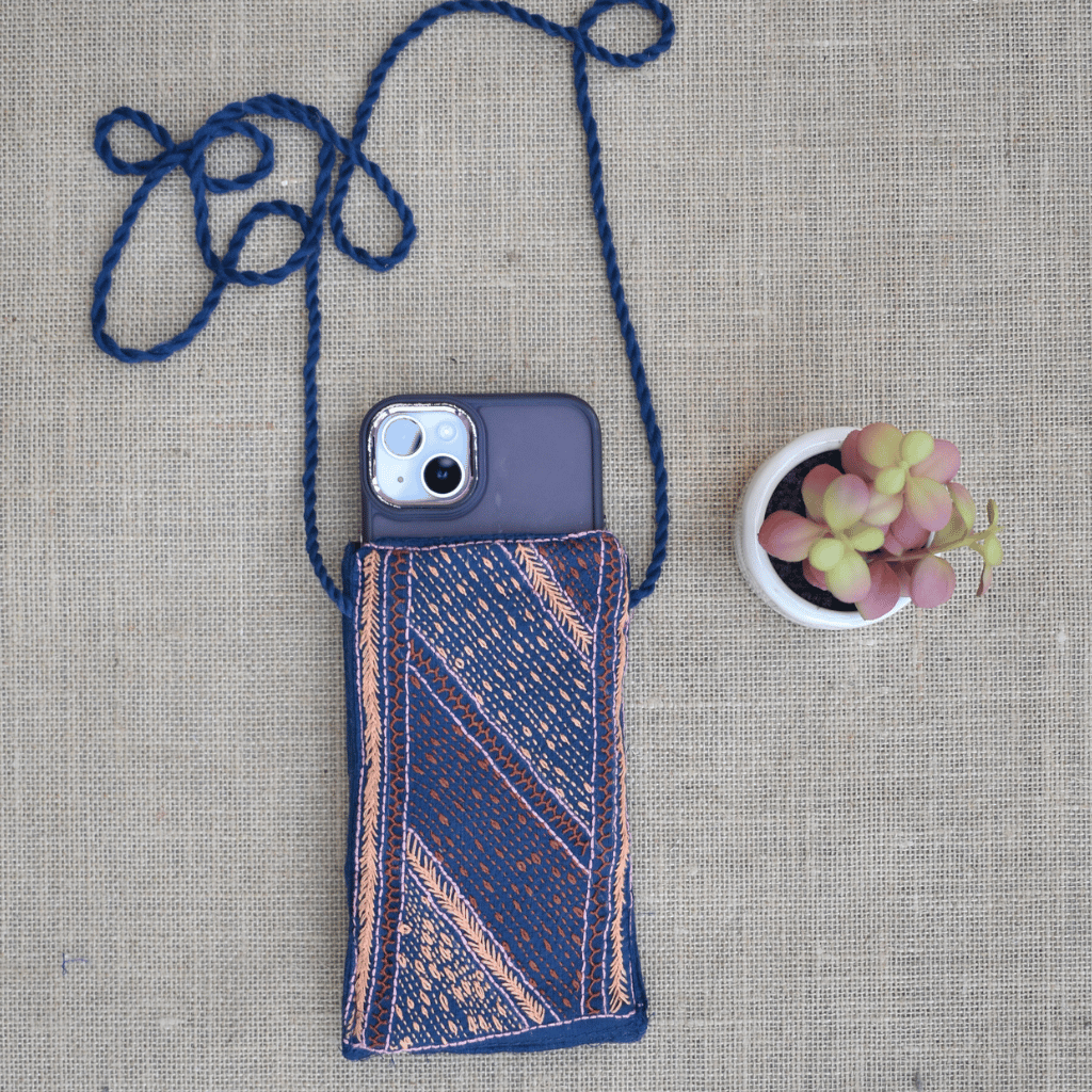 Handcrafted Embroidery blue cell phone pouch