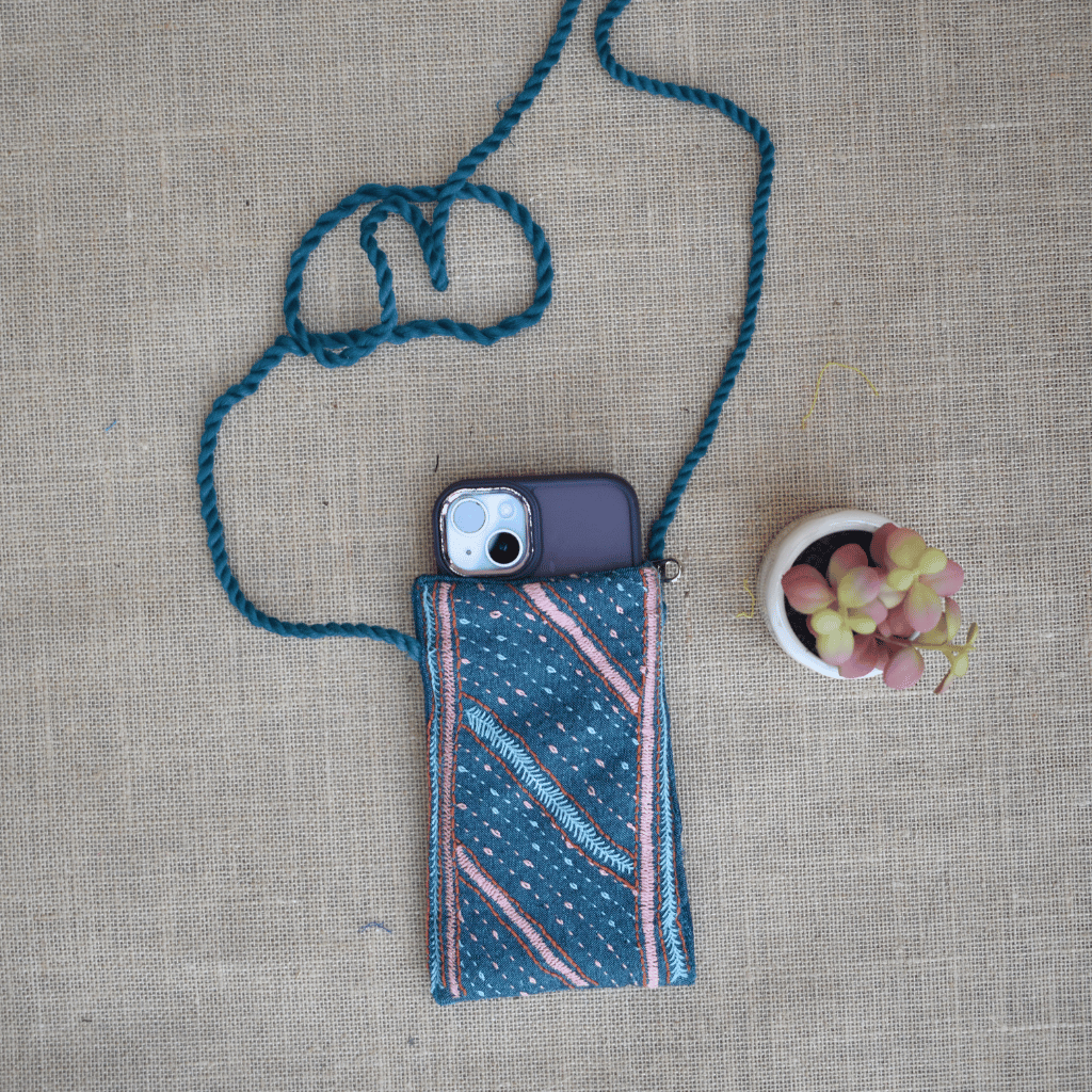 Handcrafted Embroidery Green cell phone pouch