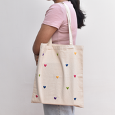 White canvas tote bag - hearts embroidery