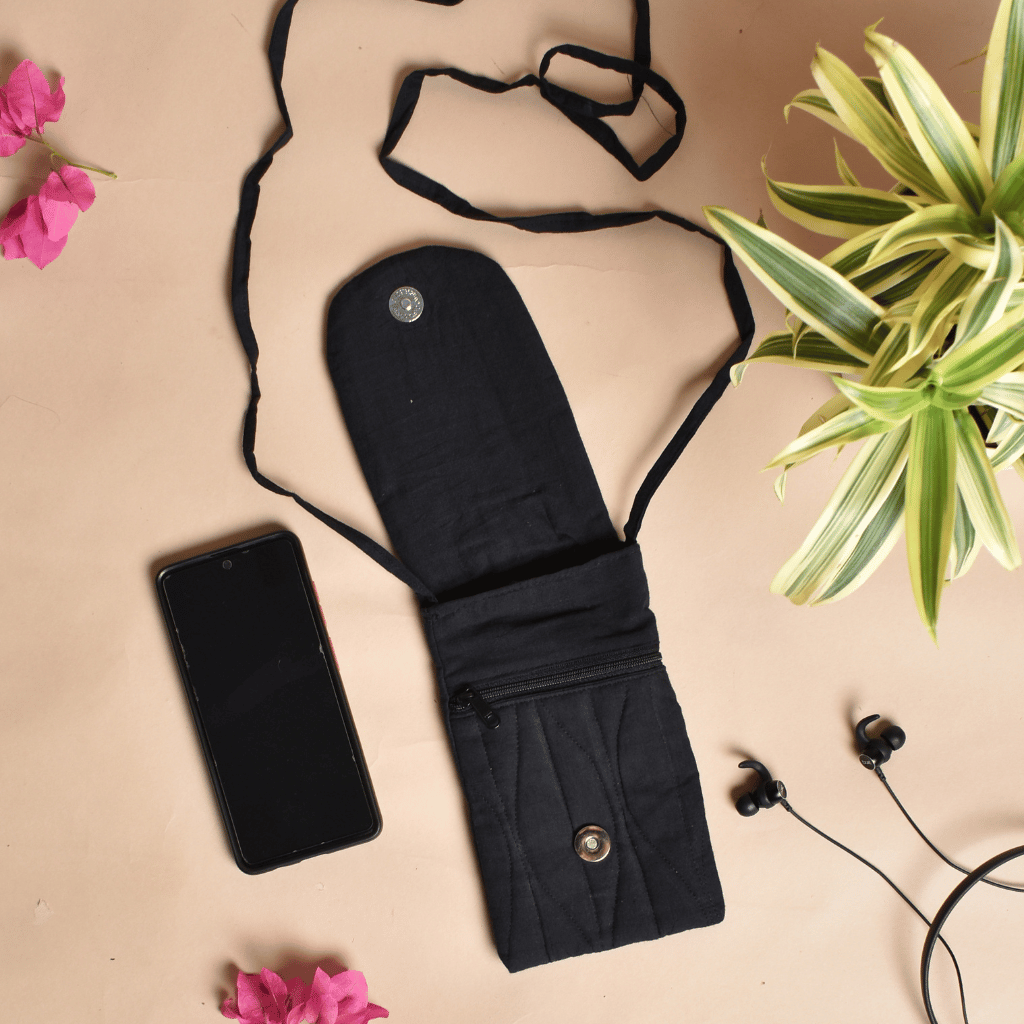 Black Cotton cell phone bag with zip pocket for money and keys - flap