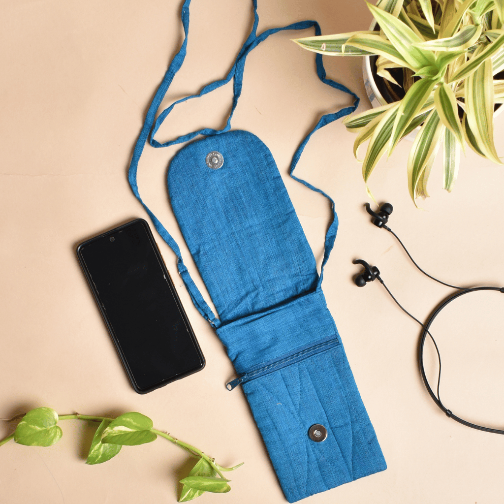 Blue Cotton cell phone bag with zip pocket for money and keys - flap