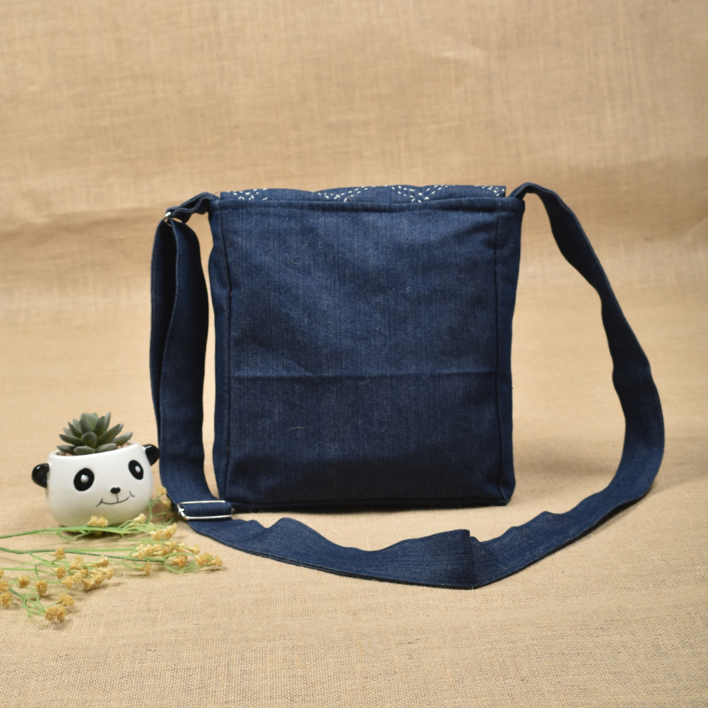 Denim sling bag with embroidery