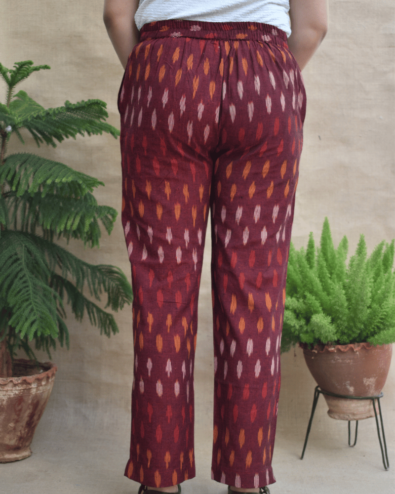 Maroon Ikat cotton pants with two pockets
