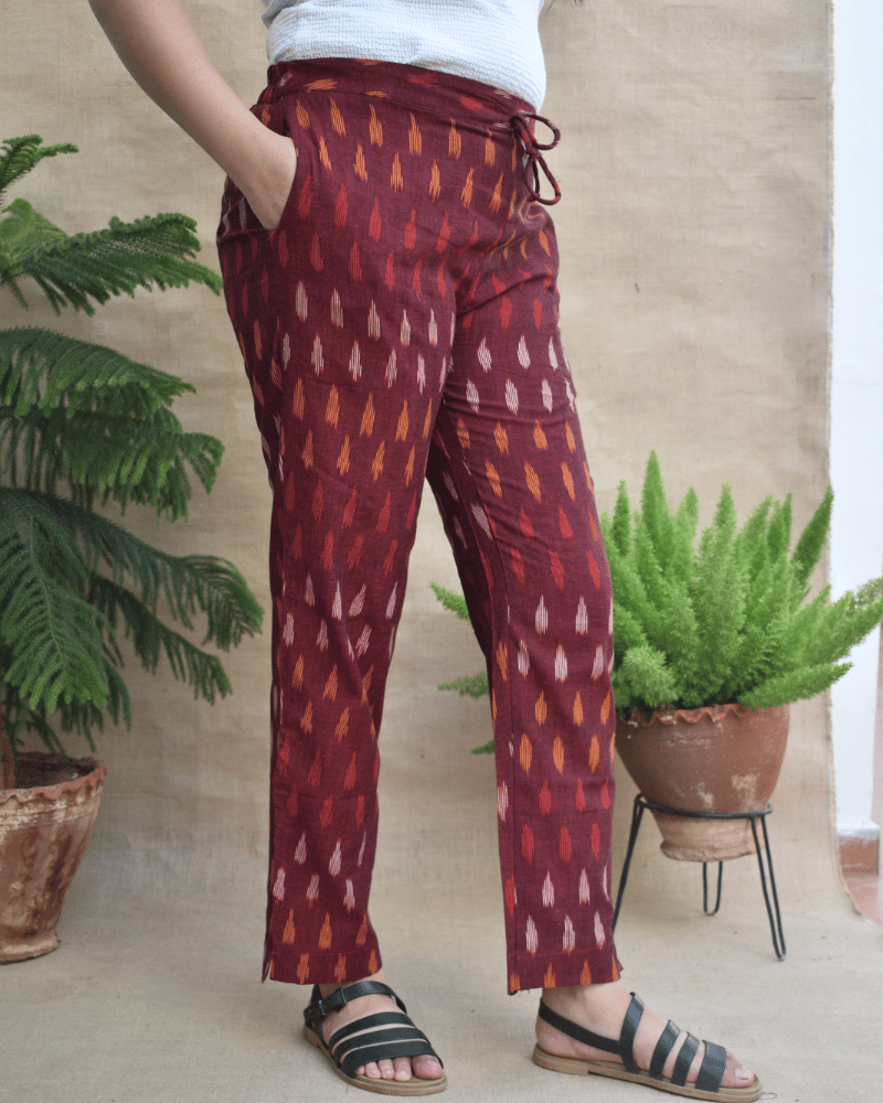 Maroon Ikat cotton pants with two pockets 