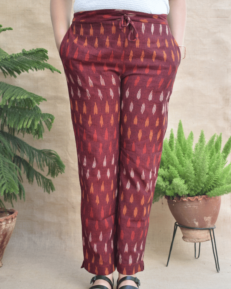 Maroon Ikat cotton pants with two pockets