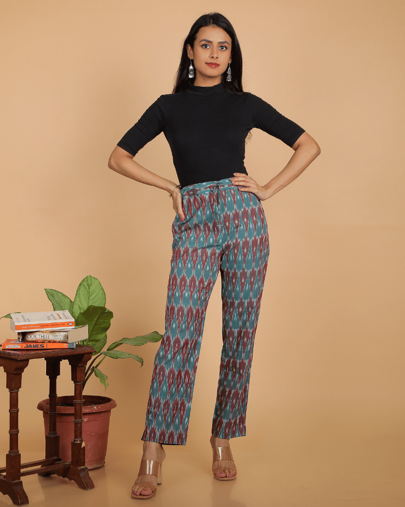 Sky blue ikat pant for women - front