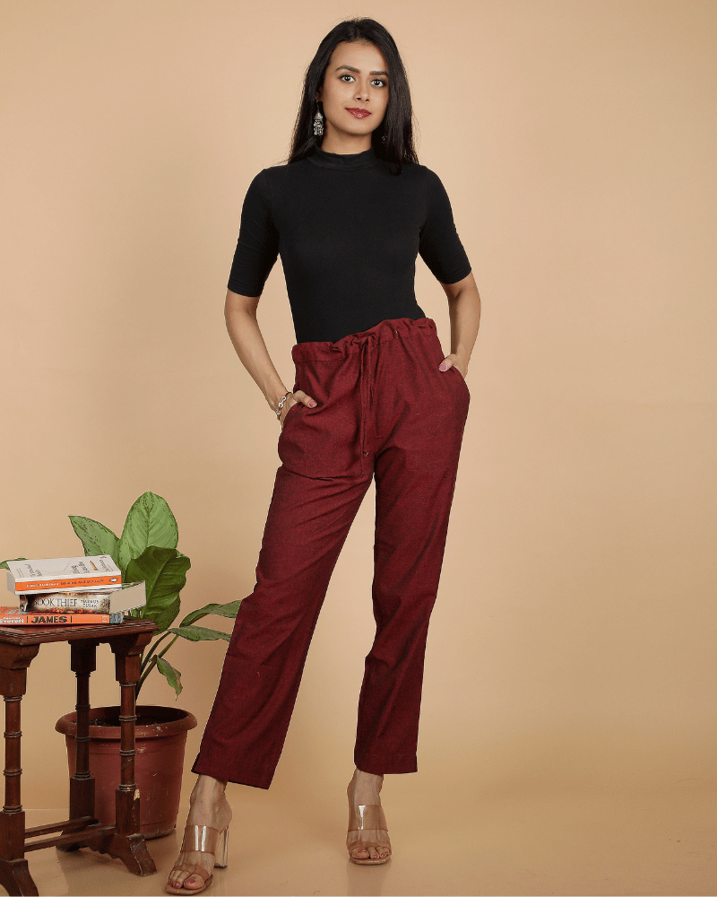 Maroon cotton pant for women - front