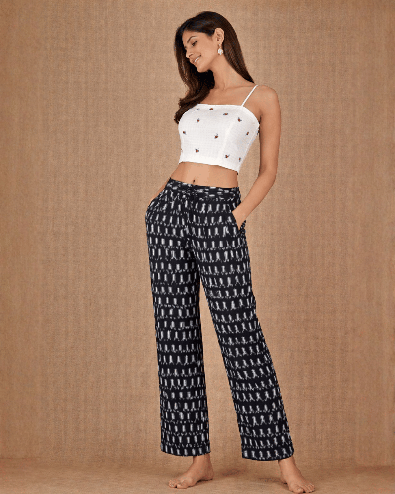 Black Ikat Cotton Women’s Straight Pant - front