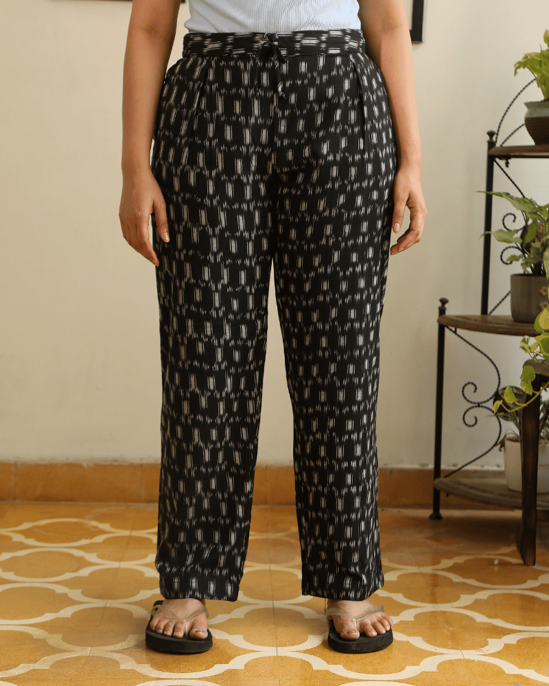 Black Ikat Cotton Women’s Straight Pant - front