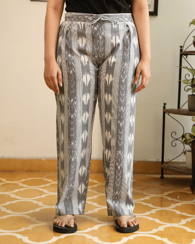 Grey Ikat Cotton Women’s Straight Pant - front