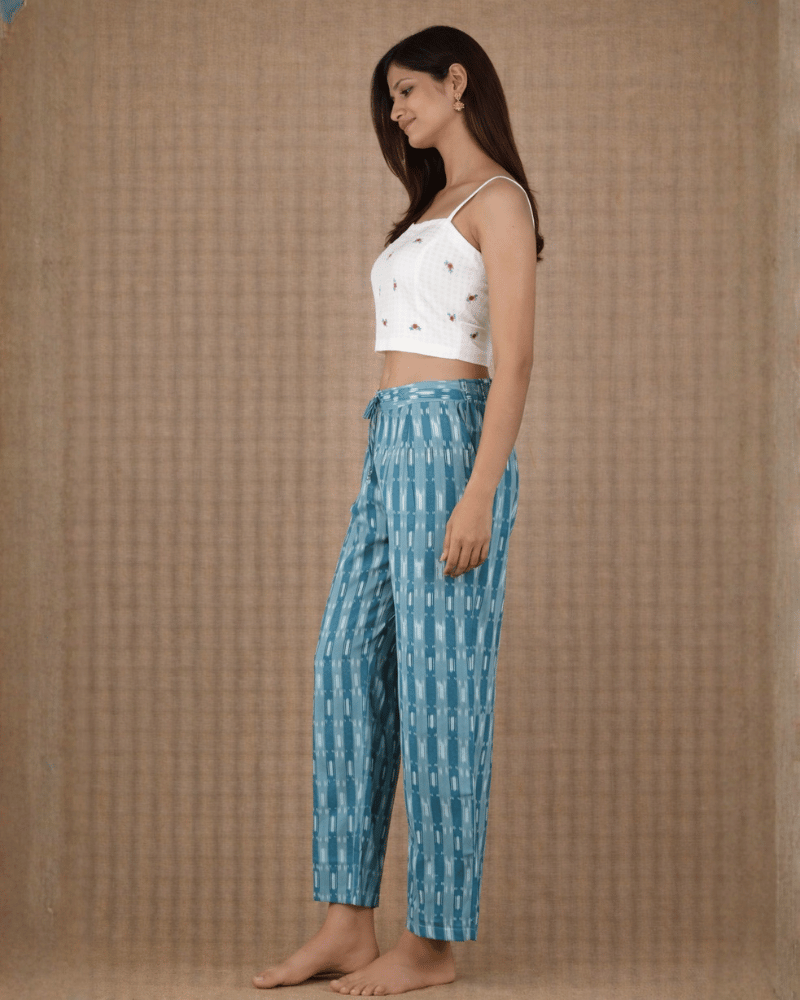 Teal Blue Ikat Cotton Women’s Straight Pant - side