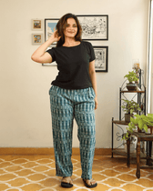 Teal Blue Ikat Cotton Women’s Straight Pant - front