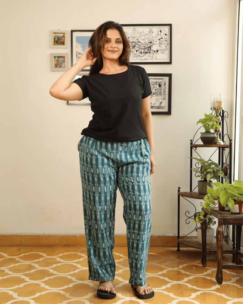 Teal Blue Ikat Cotton Women’s Straight Pant - front