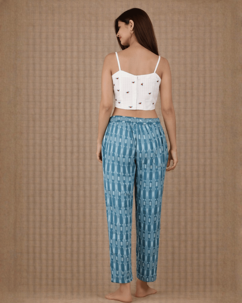 Teal Blue Ikat Cotton Women’s Straight Pant - back