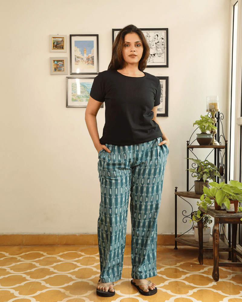Teal Blue Ikat Cotton Women’s Straight Pant - pockets