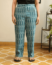 Teal Blue Ikat Cotton Women’s Straight Pant - drawstring