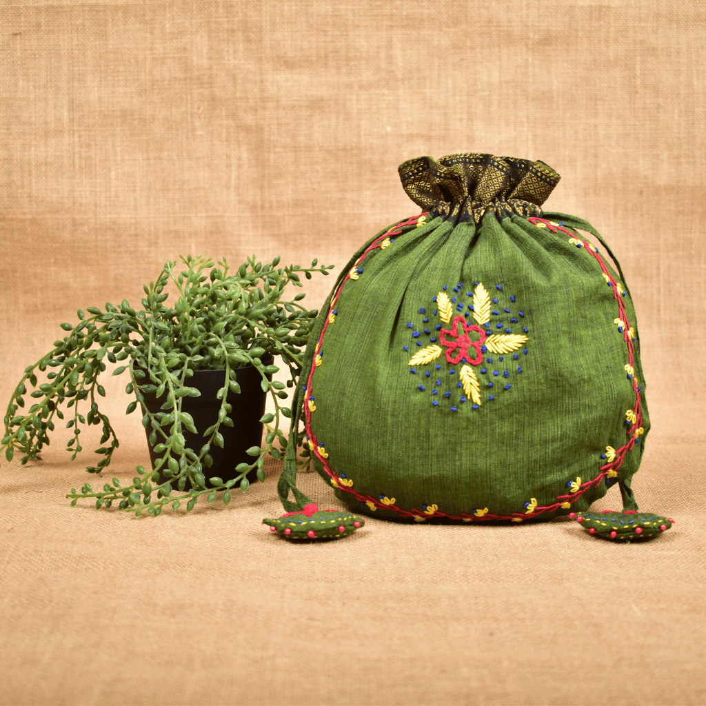 Green Feather Embroidery Potli - front