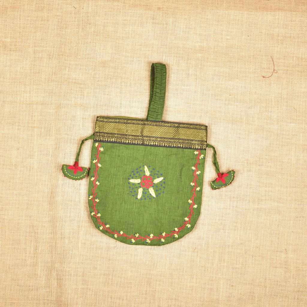 Green Floral Embroidery Handle Potli