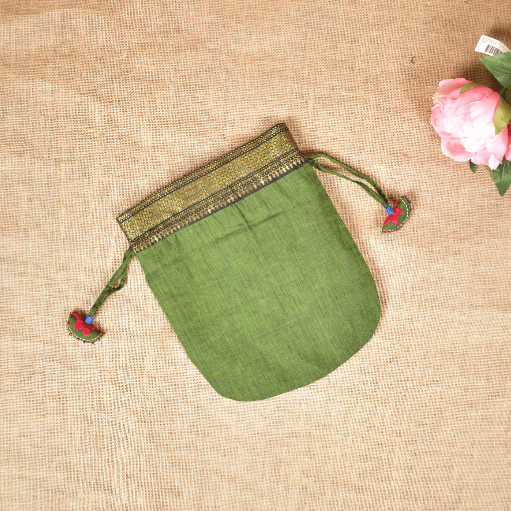 Green Mangalagiri Cotton Embroidered Handloom Potli Bag - Drawstring