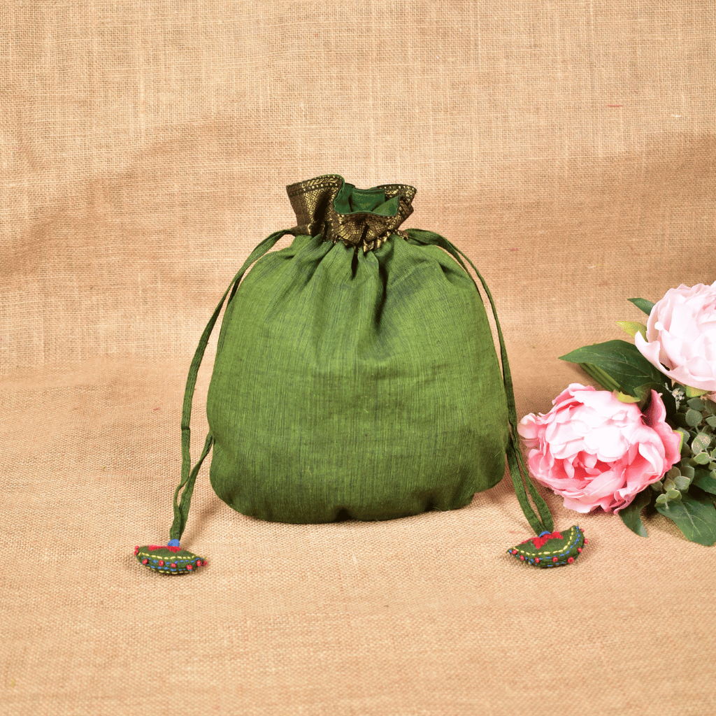 Green Mangalagiri Cotton Embroidered Handloom Potli Bag - back