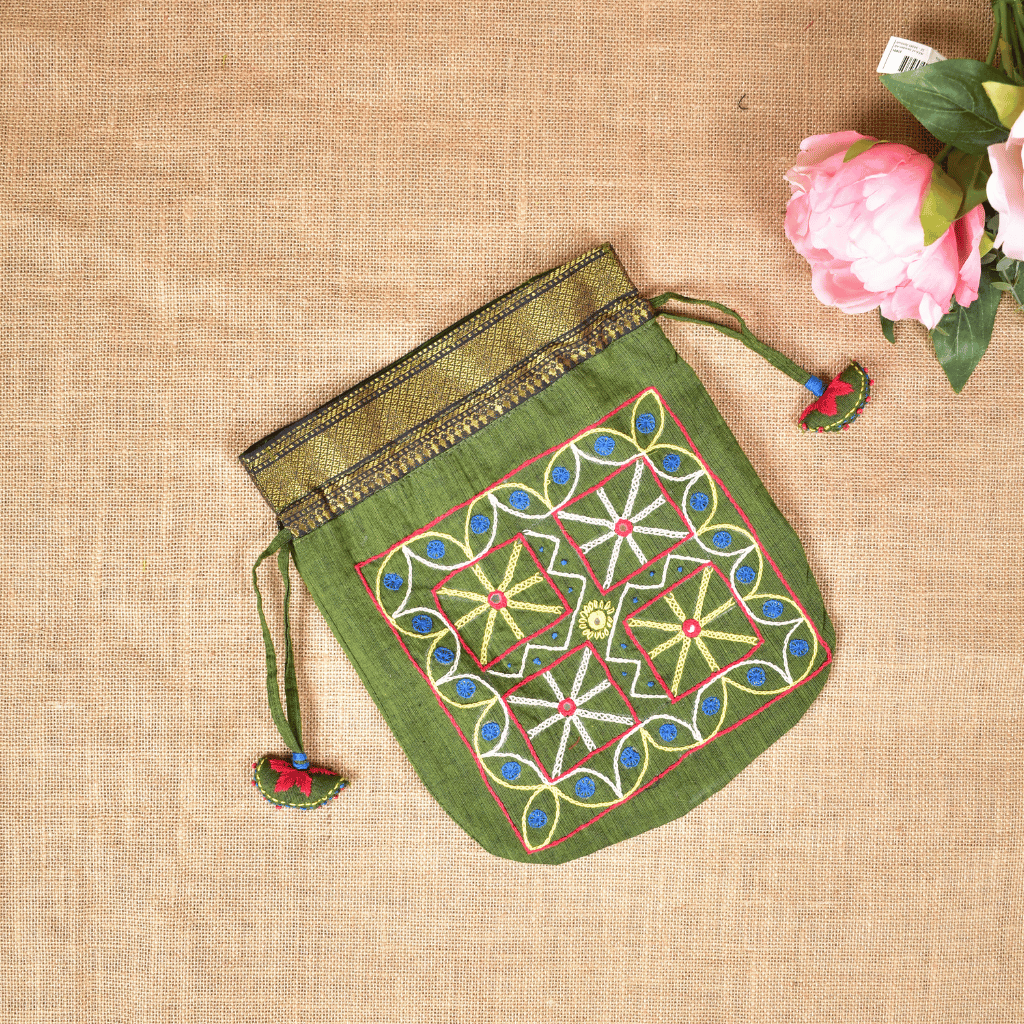 Green Mangalagiri Cotton Embroidered Handloom Potli Bag 