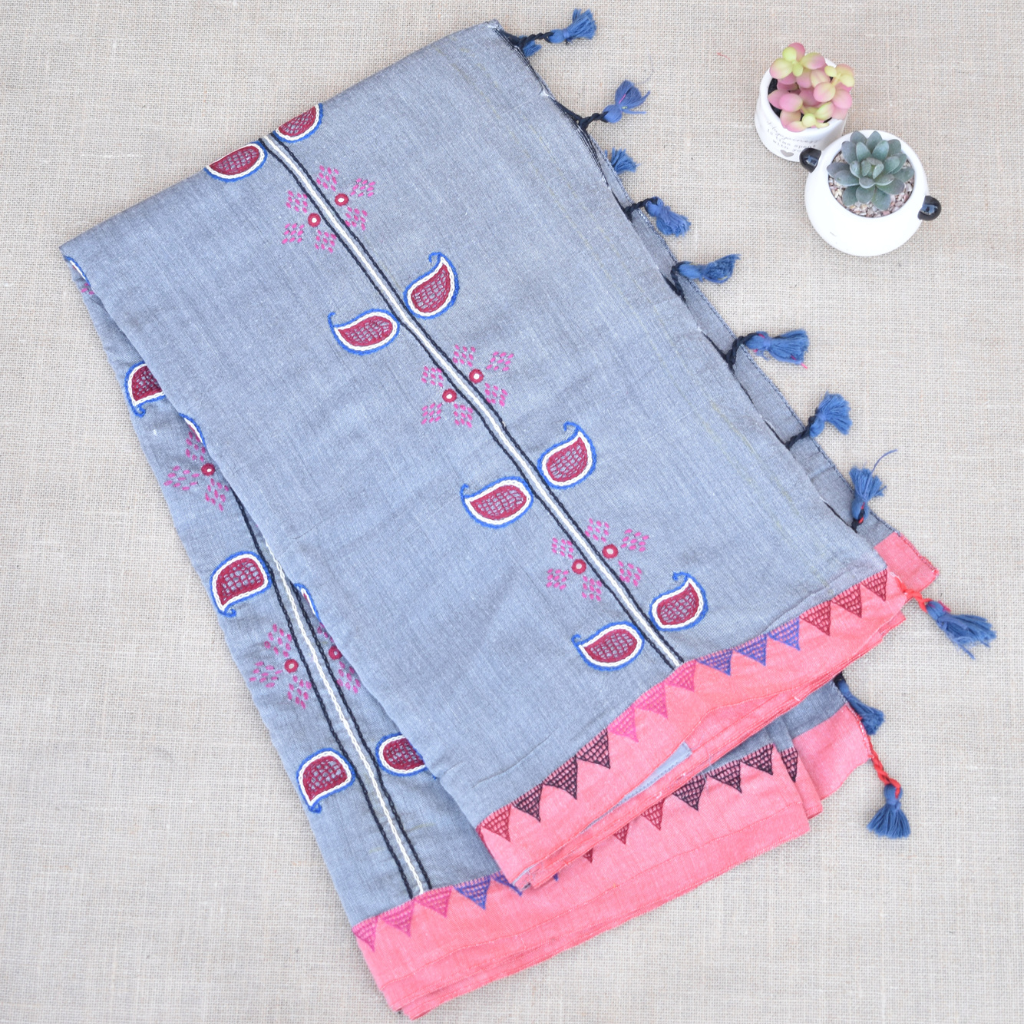 Elegant grey and pink handloom cotton saree with hand embroidery