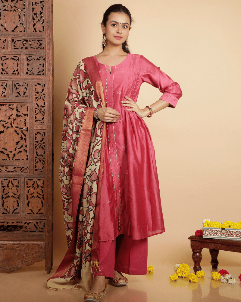 Raees Chanderi silk kurta and pant set with side flare in onion pink