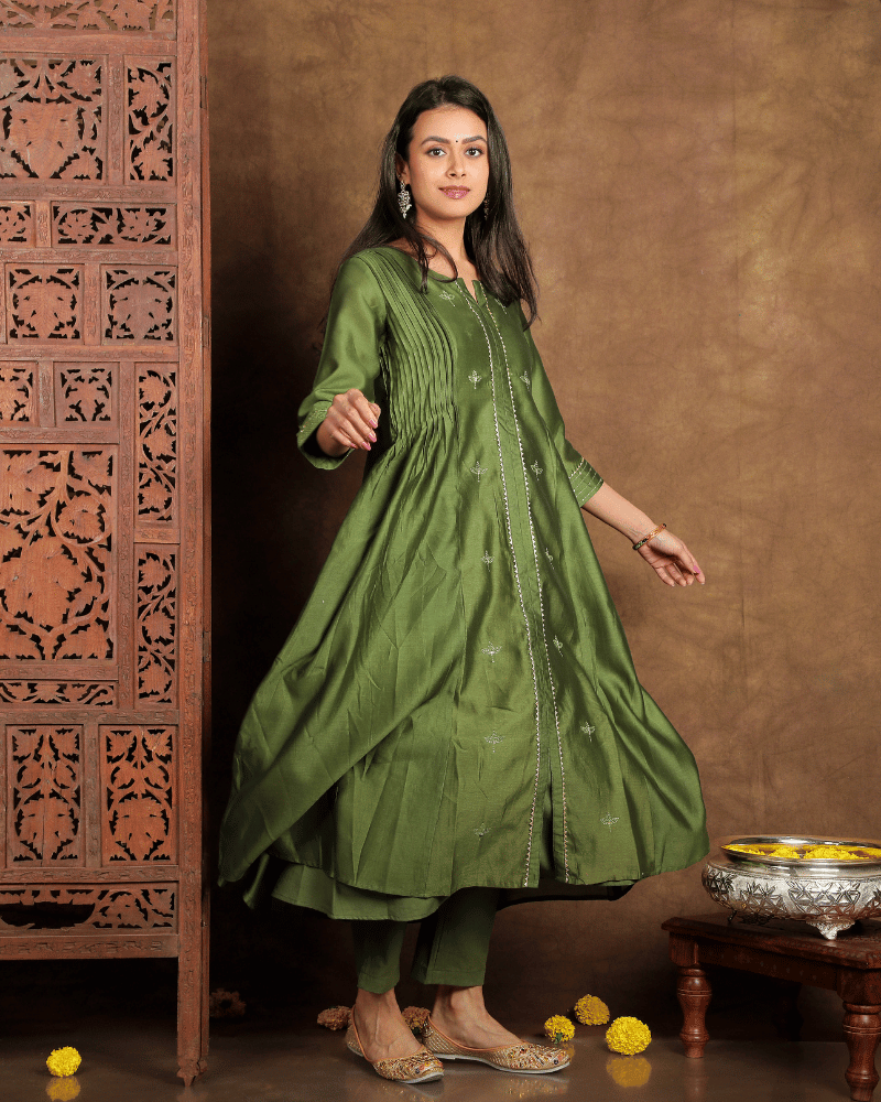 Raees Chanderi silk kurta and pant set with side flare in moss green