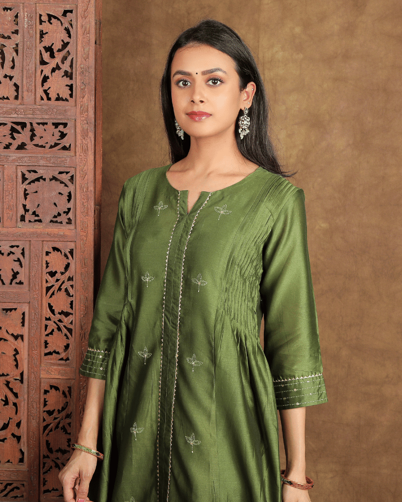 Raees Chanderi silk kurta and pant set with side flare in moss green