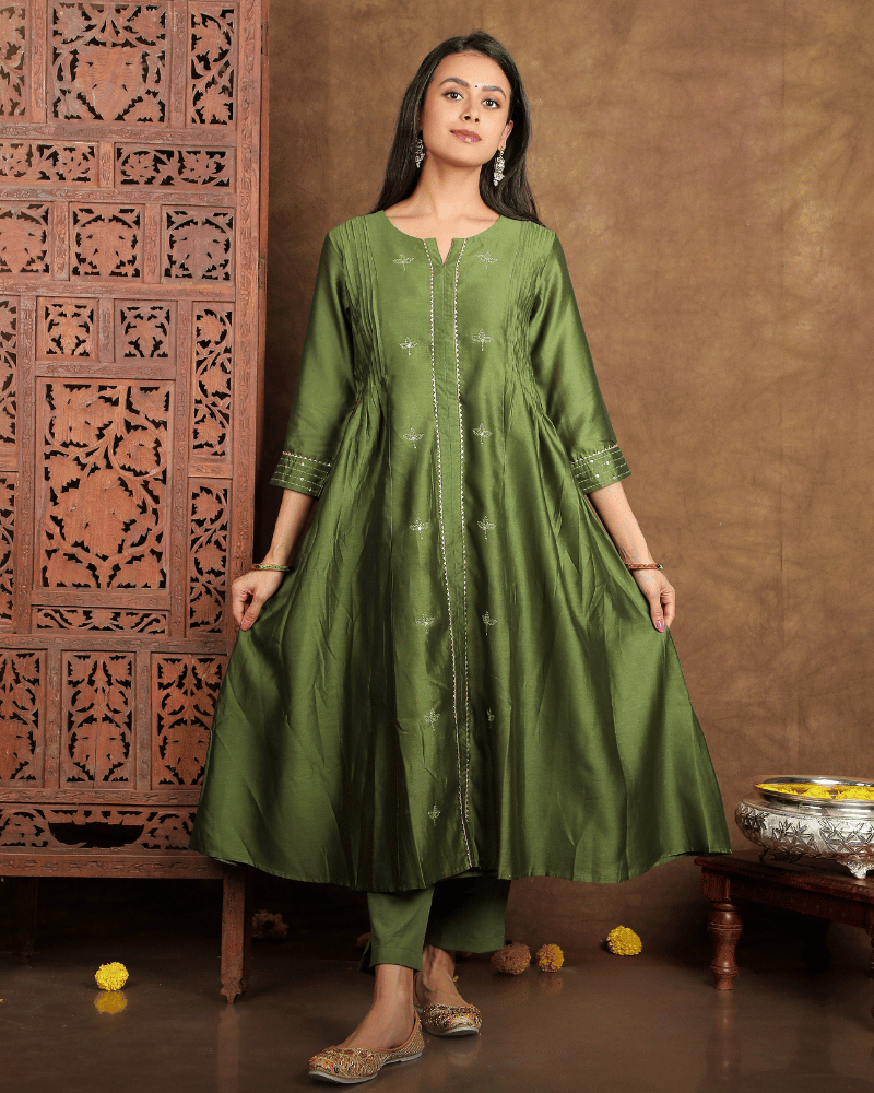 Raees Chanderi silk kurta and pant set with side flare in moss green