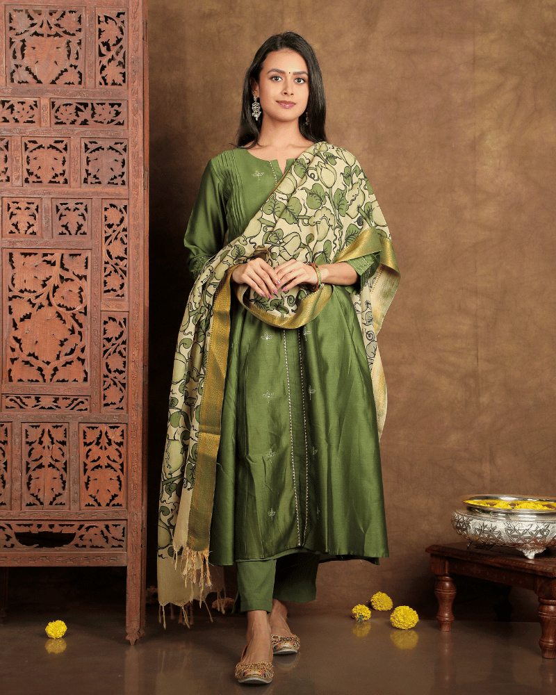 Raees Chanderi silk kurta and pant set with side flare in moss green