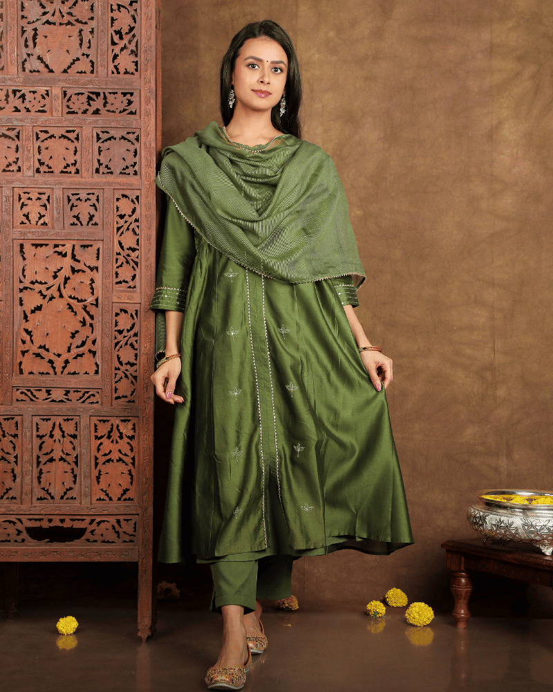 Raees Chanderi silk kurta and pant set with side flare in moss green